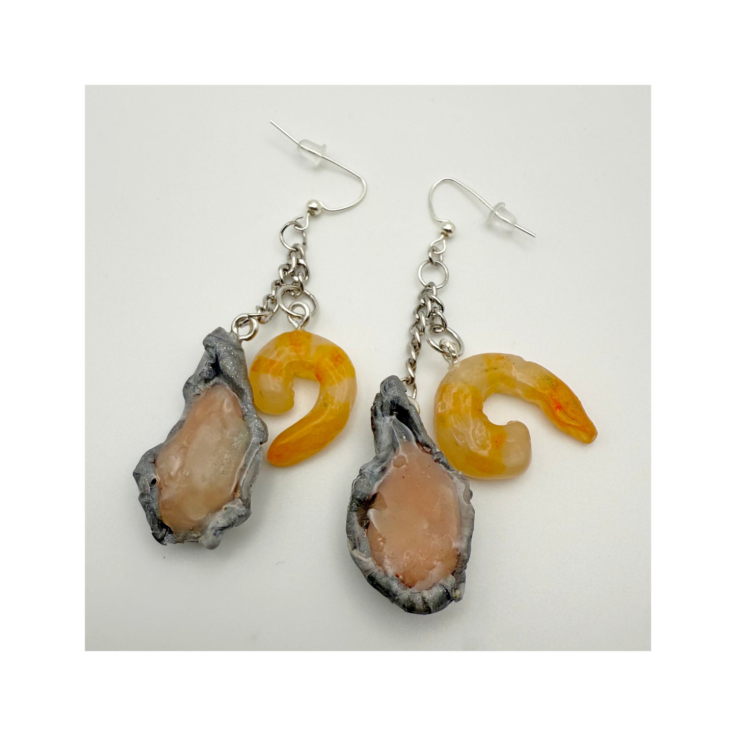 Small Oyster & Shrimp Seafood Extra Long Dangly Earrings