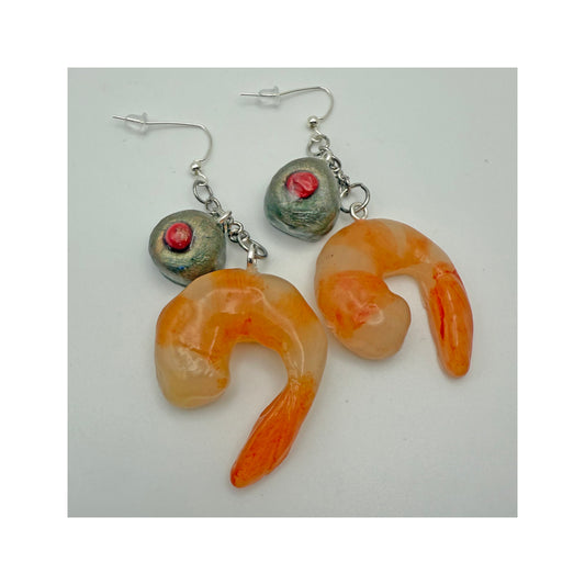 Extra Large Shrimp & Olive Long Dangly Earrings