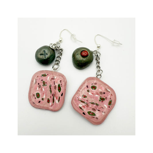 Mortadella Slice & Olive Dangly Earrings